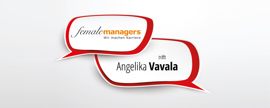 femalemanagers trifft Angelika Vavala - Die eigenen Potenziale im Blick - Sprechblasen mit Titel auf weißem Grund